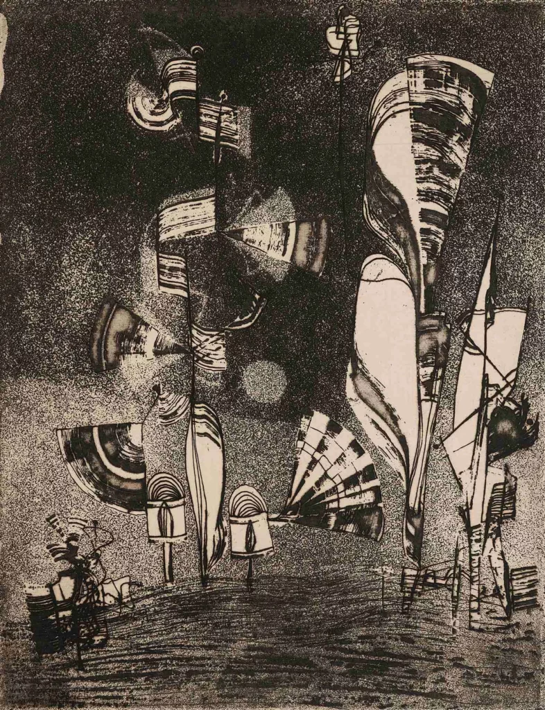 Une gravure à l'eau forte d'Albert Dumouchel réalisée en 1958, intitulée Les oriflammes de la nuit. Technique à l'eau-forte.