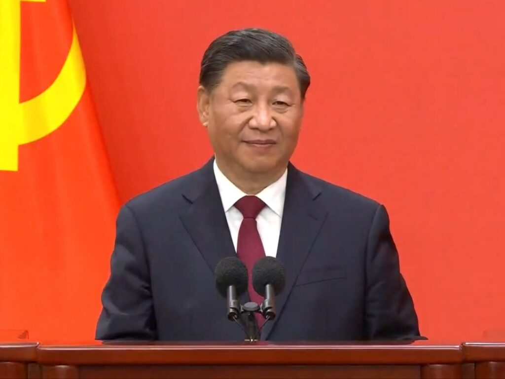 Chinese Communist Party (CCP) general secretary Xi Jinping addresses Chinese and foreign journalists at the Great Hall of the People in Beijing, Oct 23, 2022.