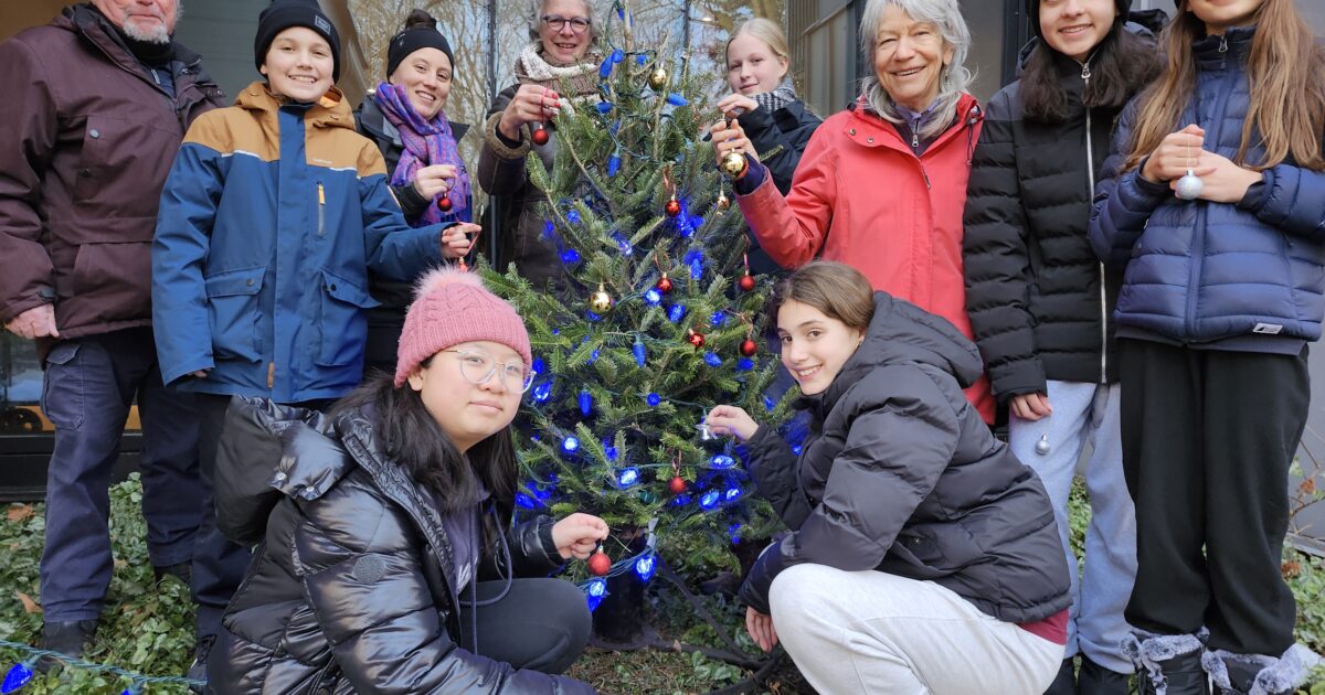 Des élèves du collège Mont-Saint-Louis sont venus décorer les arbres de Noël du Quartier des générations à Ahuntsic-Cartierville.