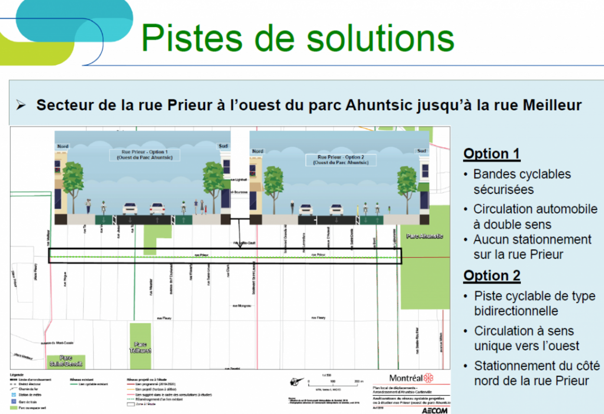 Suggestion de piste protégée sur Prieur à l'ouest du parc Ahuntsic (Source : PLD AECOM/Ville de Montréal)